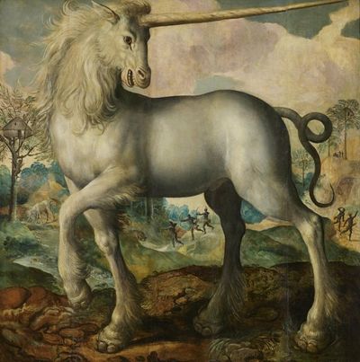 Maerten de Vos: Einhorn, 1572, Öl auf Eichenholz, 137 × 136,5 cm, Staatliche Schlösser, Gärten und Kunstsammlungen Mecklenburg-Vorpommern, Schwerin