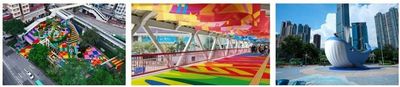 v.l.n.r. Die Kunstinstallation Prismatic vom bekannten Design-Duo Craig & Karl ist das Highlight der Veranstaltung. Der Wandteppich Closely Knitted von Textildesigner Masaru Suzuki schmückt die Tai Ho Road Footbridge. Die 15-Meter lange Walskulptur Ocean Friends von Andy Rementer ist umringt von weiteren Meeresbewohnern
