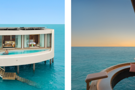 Die Overwater-Villen (li.) des Centara Grand Lagoon Maldives verbinden luxuriöse Ruhe mit direktem Zugang zum Indischen Ozean, während im Sunset Social (re.) maledivische Küche und exotische Cocktails mit Blick auf die Wellen serviert werden