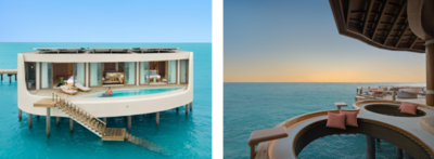 Die Overwater-Villen (li.) des Centara Grand Lagoon Maldives verbinden luxuriöse Ruhe mit direktem Zugang zum Indischen Ozean, während im Sunset Social (re.) maledivische Küche und exotische Cocktails mit Blick auf die Wellen serviert werden