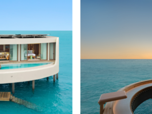 Die Overwater-Villen (li.) des Centara Grand Lagoon Maldives verbinden luxuriöse Ruhe mit direktem Zugang zum Indischen Ozean, während im Sunset Social (re.) maledivische Küche und exotische Cocktails mit Blick auf die Wellen serviert werden Die Overwater-Villen (li.) des Centara Grand Lagoon Maldives verbinden luxuriöse Ruhe mit direktem Zugang zum Indischen Ozean, während im Sunset Social (re.) maledivische Küche und exotische Cocktails mit Blick auf die Wellen serviert werden