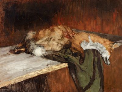 Carl Schuch: Toter Fuchs, 1882 oder 1883, Öl auf Leinwand, 69,5 x 93 cm, Nationalgalerie