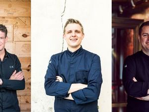 Traum-Trio: Haubenkoch Marc Bernhart (Mi.) sowie die beiden Sternechefs Christian Kuchler (li.) und Stefan Heilemann (re.) bereiten im Oktober 2024 im Gourmetrestaurant Mamesa in Burgeis/Südtirol ein Sechs-Gänge-Menü der Extraklasse zu Traum-Trio: Haubenkoch Marc Bernhart (Mi.) sowie die beiden Sternechefs Christian Kuchler (li.) und Stefan Heilemann (re.) bereiten im Oktober 2024 im Gourmetrestaurant Mamesa in Burgeis/Südtirol ein Sechs-Gänge-Menü der Extraklasse zu