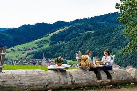 Der 30 Meter lange Baumstamm auf dem „Harmersbacher Vesperweg“ im Schwarzwald ist ein besonderer Rastplatz mit Aussicht ins Tal