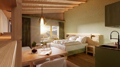 Die Zimmer im Hotel AUI vereinen modernes alpines Design mit natürlichen Materialien und einer zurückhaltenden Farbwelt