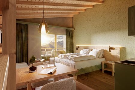 Die Zimmer im Hotel AUI vereinen modernes alpines Design mit natürlichen Materialien und einer zurückhaltenden Farbwelt