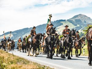 Ross und Reiter sind beim Antlassritt im Festtagsgewand Ross und Reiter sind beim Antlassritt im Festtagsgewand