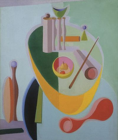 Paule Vézelay, Collection of Objects on a Blue Table, 1934, Estate of Paule Vézelay, courtesy England & Co Gallery, London