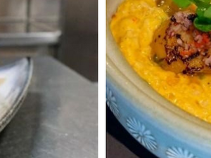 Acevichado-Rolle und Cazuela de Arroz Nikkei Acevichado-Rolle und Cazuela de Arroz Nikkei