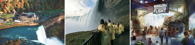 V.l.n.r.: Table Rock Centre mit Blick auf die Niagarafälle, bei Journey Behind the Falls den Wasserfällen ganz nah kommen, neue Attraktion Niagara Takes Flight ab Ende August 2025