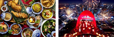 Rund um den Jahreswechsel lädt Centara Hotels & Resorts zu besonderen Momenten ein – vom festlichen Weihnachtsbuffet im Centara Grand Hotel Osaka in Japan (li.) bis zum Silvester der Superlative im Centara Grand at CentralWorld in Bangkok mit Blick auf die Skyline der thailändischen Hauptstadt