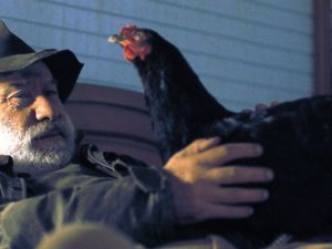Der Restaurantbesitzer (Ioannis Kokiasmenos) mit dem Huhn Der Restaurantbesitzer (Ioannis Kokiasmenos) mit dem Huhn