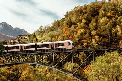 Im Herbst führt die Vigezzina-Centovalli-Bahn durch die goldene Landschaft des Tessins und verbindet dabei die Schweiz mit Italien