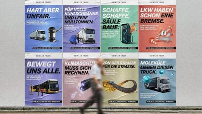 Mit verschiedenen Motiven macht Daimler Truck auf große Branchenprobleme aufmerksam