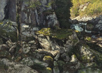 Carl Schuch: Im Tal des Doubs (Felsige Waldlandschaft), um 1886–1893, Öl auf Leinwand