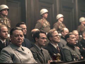 Die verbliebenen NS-Hauptkriegsverbrecher stehen in Nürnberg vor Gericht, darunter Hermann Göring (Russell Crowe, links unten) und Rudolf Heß (Andreas Pietschmann, daneben) Die verbliebenen NS-Hauptkriegsverbrecher stehen in Nürnberg vor Gericht, darunter Hermann Göring (Russell Crowe, links unten) und Rudolf Heß (Andreas Pietschmann, daneben)