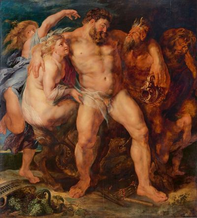 Peter Paul Rubens, Der trunkene Herkules, von einem Satyr-Paar geführt