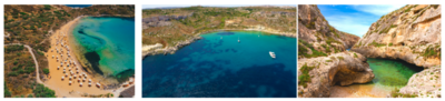 1: Ghajn Tuffieha Bay, 2: Imġiebaħ Bay, 3: Wied il-Ghasri, Gozo 