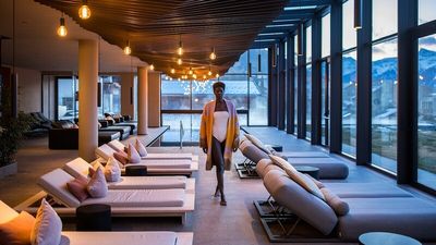 Im 1.300 Quadratmeter großen Wellnessbereich des Südtiroler Hotels Weisses Kreuz in Burgeis verschmilzt die Vinschger Natur mit dem schlichten Design des Aura Mea Spa