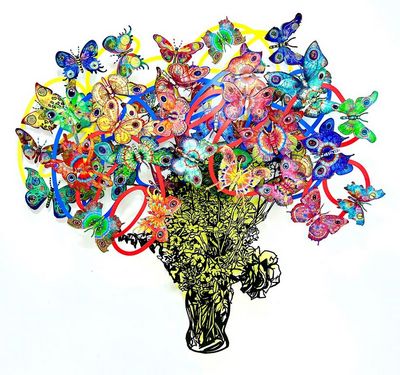Whispers of Wings ist eine 3-D Wandskulptur von David Gerstein in 5 Lagen aus dem Jahr 2024