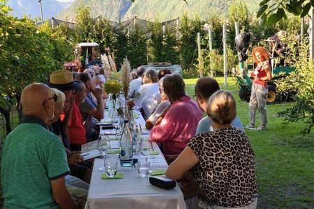 Kulinarischer Abend unter freiem Himmel: Im Hotel Campingpark Steiner in Leifers trinken Gäste Südtiroler Weine mitten im Grünen, begleitet von Live-Musik