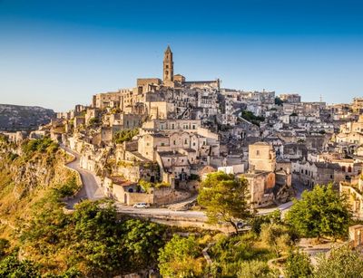 Historische Felsenstadt Matera in der Abendsonne
