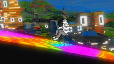 Miirtek als animierter Radler auf einer Art Bike-Achterbahn, ganz schoen abgefahren
