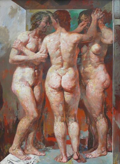 Willi Sitte -  Drei Grazien in Vitrine.