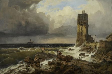 Andreas Achenbach: Große Marine mit Leuchtturm