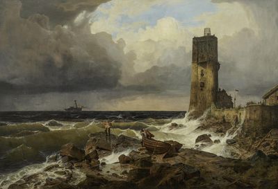 Andreas Achenbach: Große Marine mit Leuchtturm