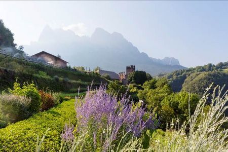Der Kraeutergarten des Pflegerhofs, dessen Qualitaetsprodukte das Roter Hahn Siegel tragen, liegt zu Fuessen des Schlernmassivs