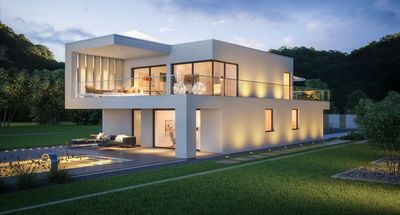 Das abgebildete Architektenhaus ArtA von Kern-Haus ist im eindrucksvollen Bauhausstil gestaltet