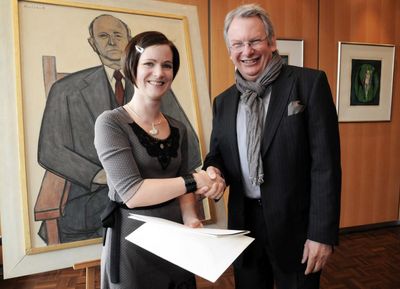 Verleihung des 51. Kurt-Magnus-Preises der ARD am 11. April 2013 im Hessischen Rundfunk: Sabine Brütting (hr), Trägerin des 4. Preises, und Dr. Heinz Sommer (Hörfunkdirektor hr und Vorsitzender der Jury).