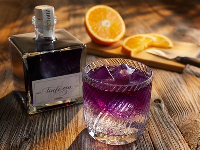 Der Tinte Gin des Mainzer Start-Ups Edelranz wird im Mainzer Wohnzimmer des me and all hotels serviert