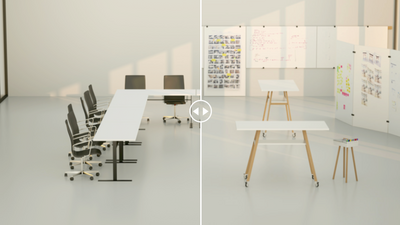 Der exakt gleiche Raum aber eine voellig andere Arbeitsatmosphaere mit einem hochwertigem Whiteboard fuer den Konferenzraum