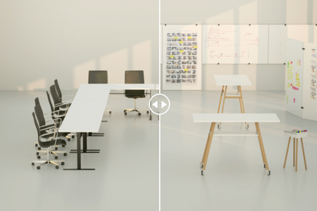 Der exakt gleiche Raum aber eine voellig andere Arbeitsatmosphaere mit einem hochwertigem Whiteboard fuer den Konferenzraum