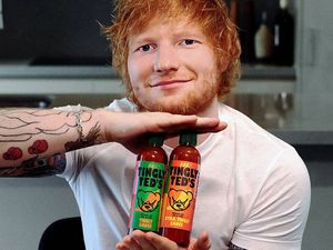 Der eine guckt freundlich, der andere weniger: Ed Sheeran und sein Ketchup-Kumpel Der eine guckt freundlich, der andere weniger: Ed Sheeran und sein Ketchup-Kumpel