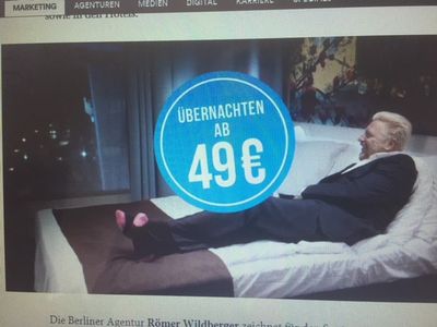 Viele Fragen wo Boris sein Geld gelassen hat, hier nicht, sagt er in dem Werbefilm von B&B Hotels