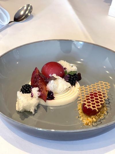 Griechischer Joghurt, Feige und Co. – das Dessert des „Azubi-Gourmet-Menü“ im oberbayerischen Hotel Vier Jahreszeiten Starnberg hat seinen geografischen Schwerpunkt im Mittelmeerraum. Bildnachweis: Hotel Vier Jahreszeiten Starnberg