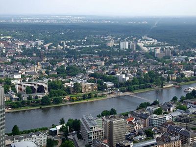 Museum für Kommunikation, Staedel, Liebieghaus und Museum Giersch bilden den dritten (und letzten) Teil des Museumsufers. Links unten sieht man die Rückseite des Jüdischen Museums. Kürzeste Verbindung ist über den Holbeinsteg möglich.