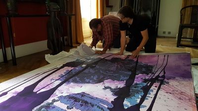 Julian Schnabel und Dirk Geuer beim Signieren