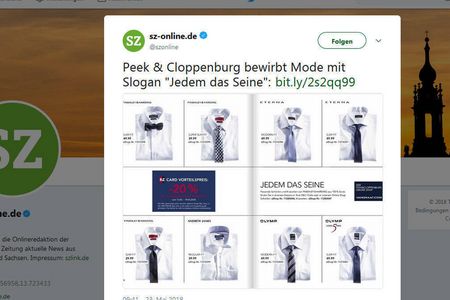 Peek und Cloppenburg blamiert sich mit Spruch, Jedem das Seine