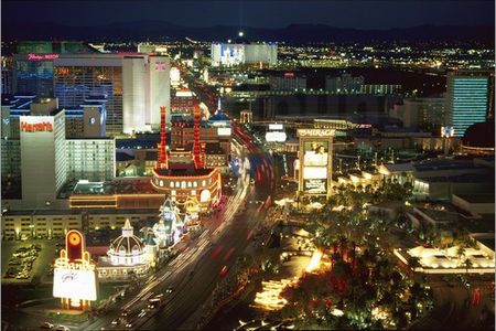 Nighttime aerial view of the Las Vegas