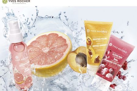 Eis-Effekt Maske Cranberry belebendes Spray Pink Grapefruit fruchtiges Peeling Aprikose