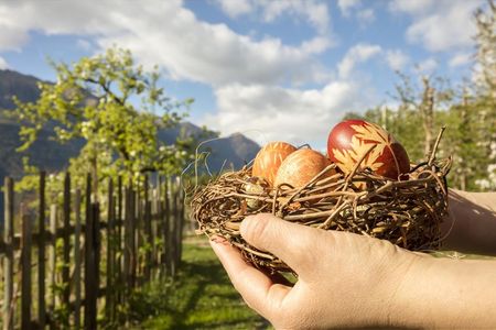 Für den natürlichen Braunton empfehlen die Bäuerinnen der Südtiroler Marke Roter Hahn Zwiebelschalen, Kaffee oder Tee zum Ostereierfärben