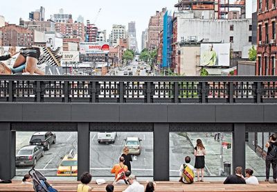 The designs for the completed High Line project extend from Gansevoort Street in the Meatpacking District to 34th Street. It runs for a mile and a half, and features an integrated landscape, meandering concrete pathways, and fixed and movable seating, 2009