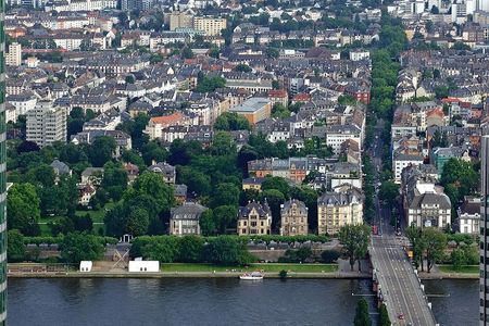 Mittelteil des Museumsufers mit den (drei) Häusern des Museums der Weltkulturen (links). Rechts von der Schweizer Strasse folgt das Filmmuseum und das Architekturmuseum. Das Museum für Angewandte Kunst wird links vom Commerzbank Tower und ein Teil des Architekturmuseums durch den Eurotower verdeckt.