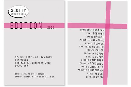 Ausstellung in Berlin: Anläßlich des 5-jährigen Bestehens des Kunstvereins Scotty Enterprises: Edition 2012 bis zum 5.1.2013