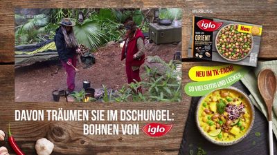 Iglo bewirbt im Dschungel seine neuen Bohnengerichte. Reis und Bohnen für die Teilnehmer