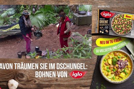 Iglo bewirbt im Dschungel seine neuen Bohnengerichte. Reis und Bohnen für die Teilnehmer